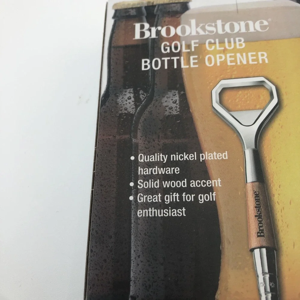 Brookstone Golf Club Bottle Opener Beer Soda New W Box Nickel Plated Wood Accent
